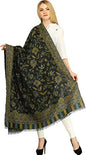 Exotic India Women Reversible Jamawar Wool Shawl with Woven Flowers | Ethnic Beautiful Floral Weave Stole, Dupatta - color: Black and Moss