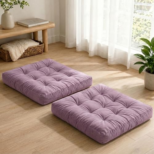Meditation Cushion Set of 2, Floor Cushions for Adults, Velvet Floor Pillows for Sitting, Tufted Seat Cushions for Yoga, Living Room, Bedroom & Reading Nook, Machine Washable, 22 x 22 Inch, Lavender