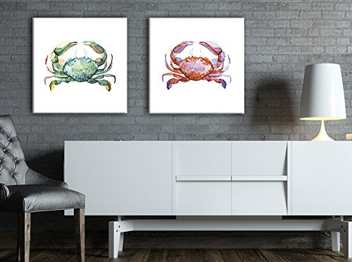 wall26 - 2 Panel Square Canvas Wall Art - Watercolor Painting Style Crabs in Red and Green - Giclee Print Gallery Wrap Modern Home Art Ready to Hang - 12"x12" x 2 Panels - color: Crabs in Red and Green, size: 12" x 12" x 2 panels