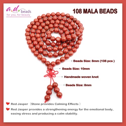 AD Beads 6mm 8mm 108 Prayer Mala Jasper Elastic Bracelet - Handmade Yoga Meditation Healing Power Energy Gifts for Unisex Adult. - color: Red Jasper(Calming)