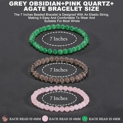 3PCS Agate Bracelet for Women Men Natural Round Beaded Agates Stone Healing Stretch Bracelets Elastic Handmade Polished Gemstone Beads Bracelet - color: Green+Pink+Grey