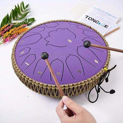 BETESINE 13-Inch 15-Note Steel Tongue Drum in C Major, Beginner-Friendly Meditation Drum with Mallets, Music Book, Finger Picks, Carry Bag & Note Stickers, Violet - color: Violet