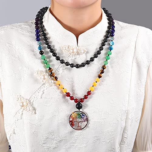 Bivei 108 Mala Beads Necklace Life Tree 7 Chakra Wrap Bracelet Real Healing Gemstone Yoga Meditation Hand Knotted Mala Prayer Bead Necklace - color: Lava Rock Stone, size: 8mm