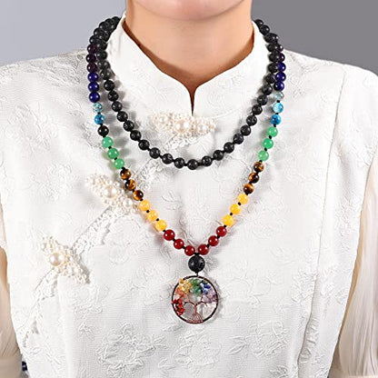 Bivei 108 Mala Beads Necklace Life Tree 7 Chakra Wrap Bracelet Real Healing Gemstone Yoga Meditation Hand Knotted Mala Prayer Bead Necklace - color: Lava Rock Stone, size: 8mm