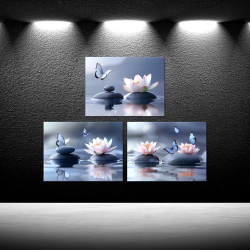 iKNOW FOTO Zen Lotus Flower Canvas Wall Art - 3pcs Calming Spa Decor with Stones and Butterfly - Water Lily Modern Artwork for Bathroom, Yoga Studio, Meditation, or Living Room - 12x16 Each