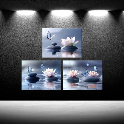 iKNOW FOTO Zen Lotus Flower Canvas Wall Art - 3pcs Calming Spa Decor with Stones and Butterfly - Water Lily Modern Artwork for Bathroom, Yoga Studio, Meditation, or Living Room - 12x16 Each