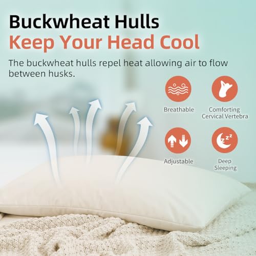 USlixury Organic Buckwheat Pillow for Sleeping with Extra Organic Pillowcase and Hulls, 20"X26" Buckwheat Hull Pillow, Adjustable Height and Firmness, Firm Neck Support for Side Sleepers, Cool, White - size: 20"X26"