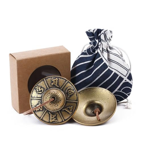 Tibetan Tingsha Cymbals Meditation Chime Bells 2.5" Om Mani Padme Hum Brass Bell with Gift Box Drawstring Cloth Bag for Sound Healing, Yoga, Stress Relief Meditation Instruments - color: Om Mane Padme Hum Symbols Embossed