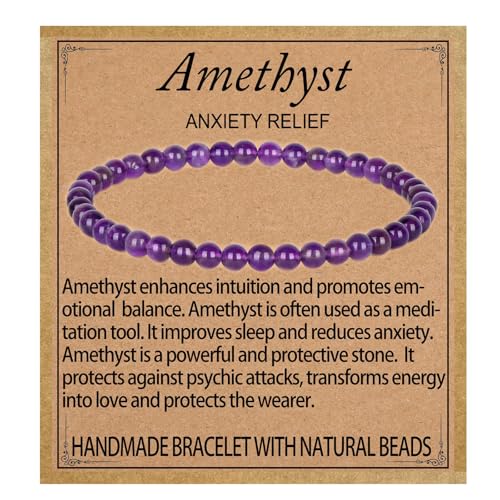 LPBeads Handmade Natural Gemstone Stretch Elastic Bracelet Healing Crystal Round Stone Beads Jewelry Gifts for Women Men - color: Amethyst, size: 4mm