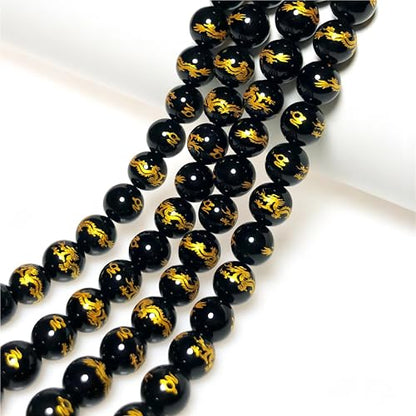MJDCB Natural Stone Beads 8mm 43pcs Round Black Onyx Carved Dragon Loose Gemstone Bead Charms for Jewelry Making Bracelet Necklace Earring Pendant - color: Black Onyx Carved Dragon, size: 8mm