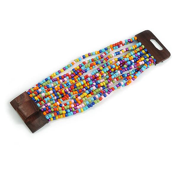 Avalaya Multicoloured Glass Bead Multistrand Flex Bracelet With Wooden Closure - 18cm L