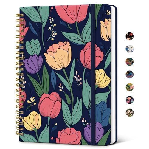 Taja Spiral Journal Notebook for Women, Pretty Hardcover Lined Notebook for Work & Note Taking, Aesthetic Cute Journal for Writing, 140 Pages, 5.8"x8.3", Colorful Tulips - color: V-Colorful Tulips