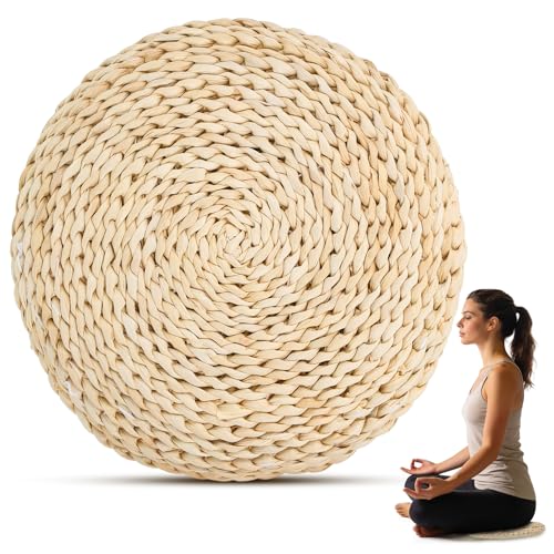 Hand-Woven Straw Weaving Meditation Cushion 30x6cm Space Cotton Filled Yoga Seat Mat for Home and Yoga Practice, Light Brown Natural Fiber Floor Pillow