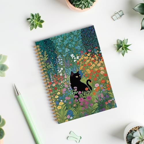Wildflower Black Cat Spiral Notebook, Black Cat Gifts Journal, Cats Lovers Mom Lady Gifts Journal Notebook, 5.5x8.3 Inch - color: Style02