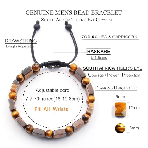 Tiger Eye Bracelet for Men, HASKARE Natural Men Beads Bracelet Energy Healing Stone Protection Crystals for Anxiety, Genuine Crystal Mens Beaded Bracelet Drawstring Unique Jewelry Gift for Mens Balance