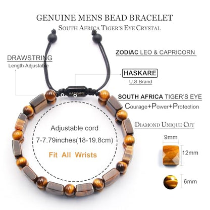 Tiger Eye Bracelet for Men, HASKARE Natural Men Beads Bracelet Energy Healing Stone Protection Crystals for Anxiety, Genuine Crystal Mens Beaded Bracelet Drawstring Unique Jewelry Gift for Mens Balance
