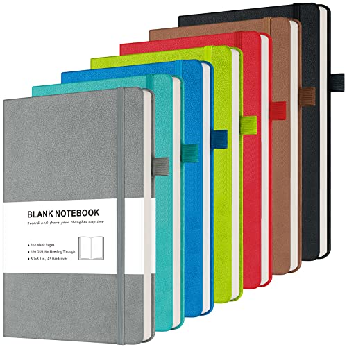 Blank Journal Notebook, 7 Pack Leather Unlined Notebook Journal for Women Men, Plain Notebooks Bulk for School, Work, Sketchbook, Writing, Drawing, 120 GSM Thick Paper, Hardcover, A5, Multi Colors - style: Plain