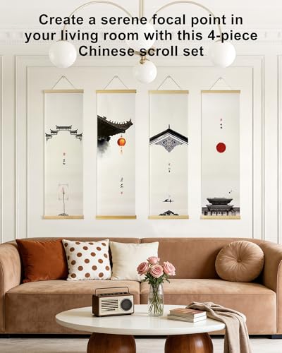 Vertical Chinese Wall Scroll Set of 4 - Traditional Ancient Architecture Paintings, Asian Wall Art with Natural Wood Frame for Living Room, Office Decor - style: Art Deco