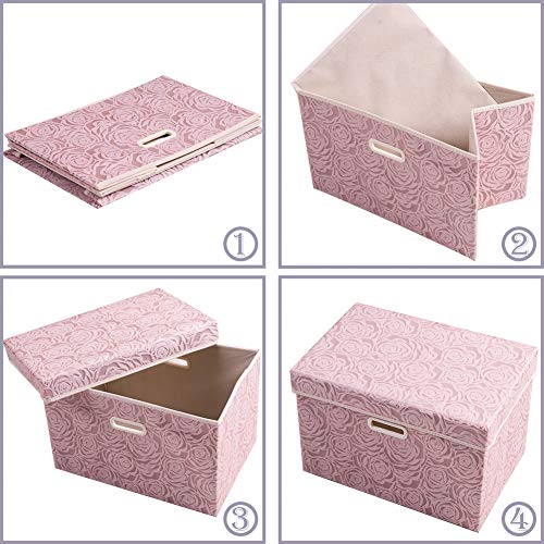 Larger Collapsible Storage Bin with Lid [1-Pack] Fabric Decorative Storage Box Cube Organizer Container Baskes with Handles Divider for Bedroom Closet Living Room Pink 17.7x11.8x11.8 Inch