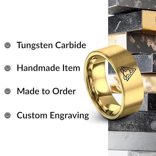 Gift for Yoga Fan - Yoga Meditation Ring - Flat Dome Bevel - Band - Men Women - Brushed Polished - Tungsten - Personalized Custom Engraving - 8mm - Anniversary Wedding - Yellow Rose Gold Silver - color: 15 - Yellow Gold Tungsten