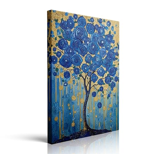 Stunning Blue Rose Tree of Life with Gold Accents Canvas Wall Art - Luxury Floral Home Decor for Living Room Bedroom Bathroom Office - HD Waterproof Stretched Framed Print Ready to Hang 12x16 Inches - color: Blue Tree (Wrapped Canvas), size: 16"L x 12"W