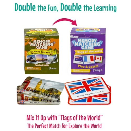 Menique Explore the World Memory Matching Game – 100 Cards (50 Pairs) with Famous Landmarks from 50 Countries – Includes Flag, Country & Place – Educational Geography Game + Informative Booklet - style: Explore the World