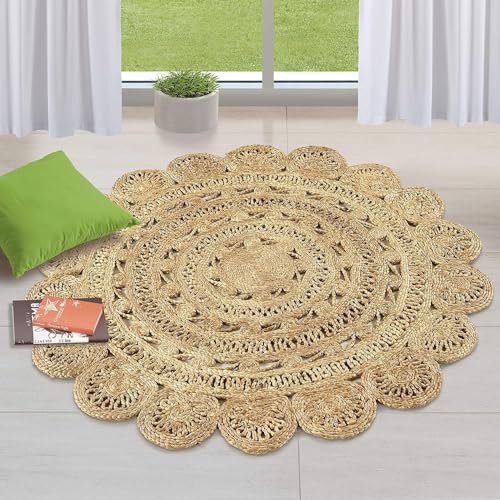 Handwoven 6ft Jute Area Rug- Natural Fiber Round Handmade Boho Farmhouse Rustic Vintage Soft Braided Reversible Rug- Indoor Outdoor Kitchen Bedroom Living Room Hallways Enterways (6'feet Round) - color: Natural- 35, size: 6' (Round)