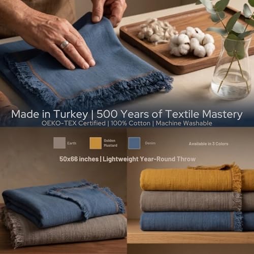 Odin Waffle Throw Blanket with Tassels, 50x66 Inch, 100% Turkish Cotton, Oeko-TEX Certified, Breathable Lightweight Throw for Couch, Sofa & Bed, Made in Turkey, Denim - color: Denim