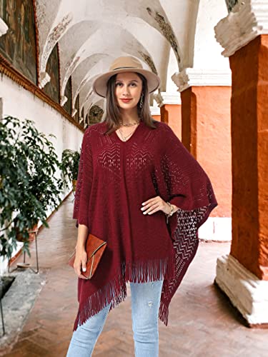 Soul Young Knitted Poncho Sweater for Women Ladies Pullover Wraps Cozy Topper shawl Cape - color: Burgundy