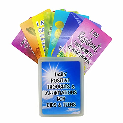 Positive Affirmation Cards for Kids and Teens - 54 Affirmations, 150+ Inspirational Questions with Storage Box - Inspire confidence and Positive attitude - Self Care Kit & Mindfulness Gift