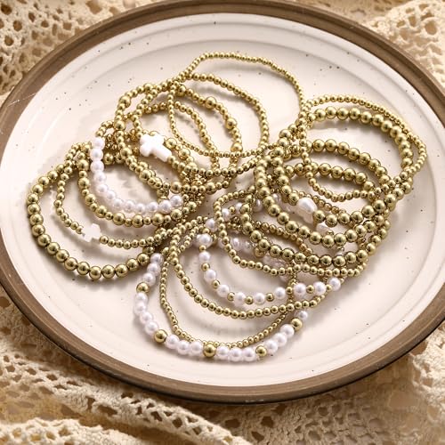 16 PCS Gold Bead Pearl Bracelet for Women, Gold Plated Beaded Strand Bead Ball Bracelets stack Adjustable Jewelry Set for Gifts - color: 01-GOLD