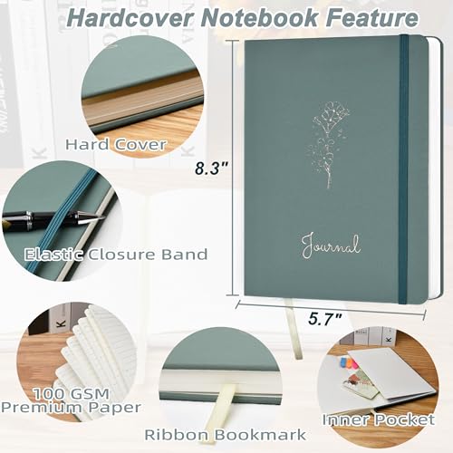 Lined Journal, 192 Pages, 5.7''x8.3'', 100 GSM Thick Paper, Hardcover Notebook for Work, Journaling Notebooks for Men, Women, Green