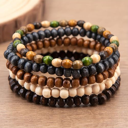 5-Piece,Bohemia Wooden Bead Bangle Bracelet Set for Women Men Round Beaded Stretch Bracelets Unisex Yoga Cuff Bracelet Jewelry Set