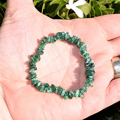Zenergy Gems Charged Premium Natural Crystal Chip Bead Bracelet + Moroccan Selenite Charging Crystal [Included] - color: Green Aventurine (Freckled)