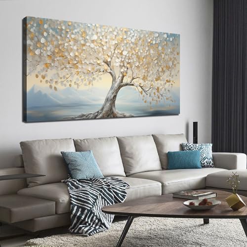 Large Tree Decor Art Bedroom Gold Canvas Wall Decor Light Blue Picture Wall Art for Living Room Office 29" x 59" White Artwork Poster - color: Light Blue, size: 59"L x 29"W