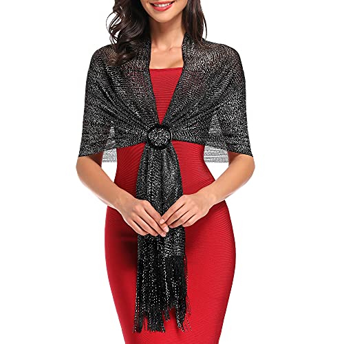 vimate Sparkling Metallic Shawls and Wraps for Evening Party/Wedding/Formal Dresses (With Free Buckle) - color: I#. Black & Silver (With Black Buckle)