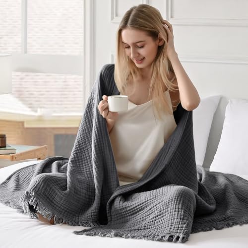 Esterra Muslin Throw Blanket 50x65 Inches Cozy Soft Lightweight Pre-Washed Cotton Blanket, All Season Breathable 4-Layer Gauze Blanket Throw for Sofa Couch Bed, Dark Gray - color: 11 - Dark Gray, size: Throw (50"x65")