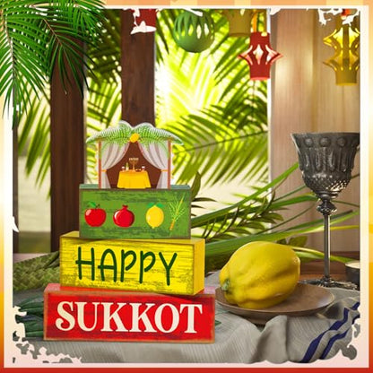 Yuntau 4 Pcs Happy Sukkot Table Decorations Sukkot Centerpieces for Tables Wooden Tabletop Party Decorations Rustic Block Sign for Tiered Tray Shelf Office Jewish Holiday Celebration Supplies - style: Happy Sukkot
