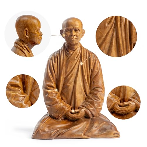 Zen Master Thich Nhat Hanh Wooden Statue with 5.5"x5.5" Oriental Carved Base, Home Altar & Meditation Decor Set