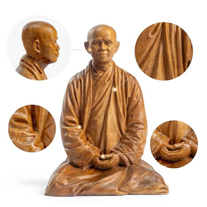 Zen Master Thich Nhat Hanh Wooden Statue with 5.5"x5.5" Oriental Carved Base, Home Altar & Meditation Decor Set