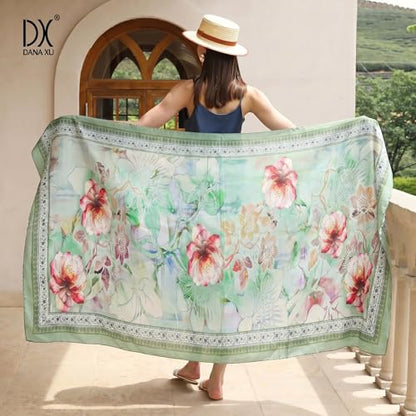 100% Mulberry Extra Large Silk Pashmina Scarf Shawls And Wraps For Women Evening Dress Summer Travel Floral Blanket - color: Light Green Floral