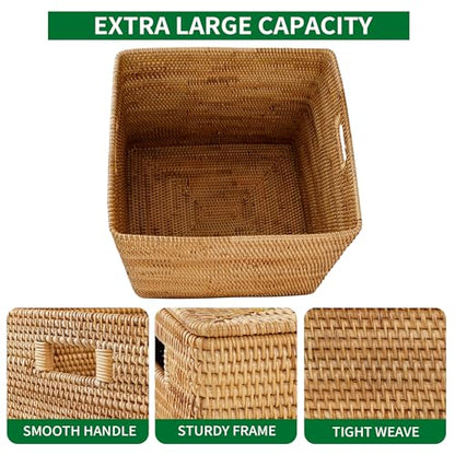 Rattan Basket With Lid, Large Lidded Basket For Storage, Rattan Box(22.8" L×19.7" W×17.7" H) - size: 22.8" ×19.7"×17.7"