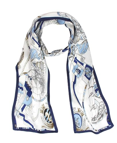 100% Silk Scarf for Women 59”*6.3” Long Shawls for Headscarf and Neck- Oblong Hair Wraps with Gift Packed - color: White&blue -Nautical