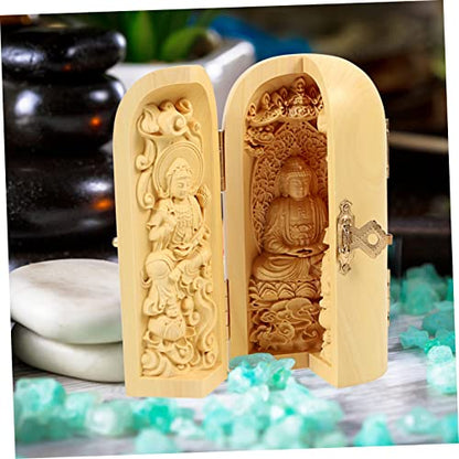 Buddha Statue for Home Decor Wooden Buddha Figurine 3-Compartment Box Handmade Pine Wood Spiritual Carving for Meditation and Zen Spaces for Home and Office Decoration Style