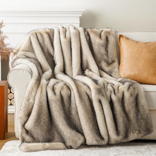 BATTILO HOME Luxury Fluffy Faux Fur Throw Blanket, Cozy Soft Warm Fur Blanket for Couch, Sofa, Chair, Bed, Plush Fuzzy Fur Throws with Long Pile & Brushed Tips, 50"x60" - color: Cream&grey, size: 50"x60"