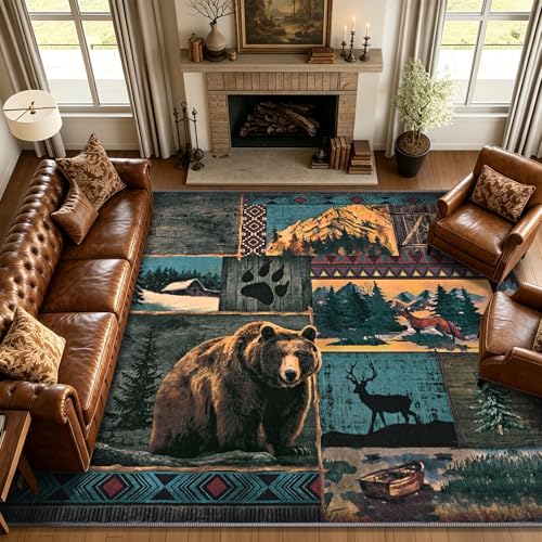 ASPMIZ 8x10 Area Rug Rustic Living Room Rugs, Low Pile Southwestern Washable Rug Non Slip, Soft Faux Wool Cabin Throw Rugs for Bedroom, Dining Room, Vintage Country Wildlife Home Decor, Blue - color: Blue, size: 8' X 10' (Rectangular)