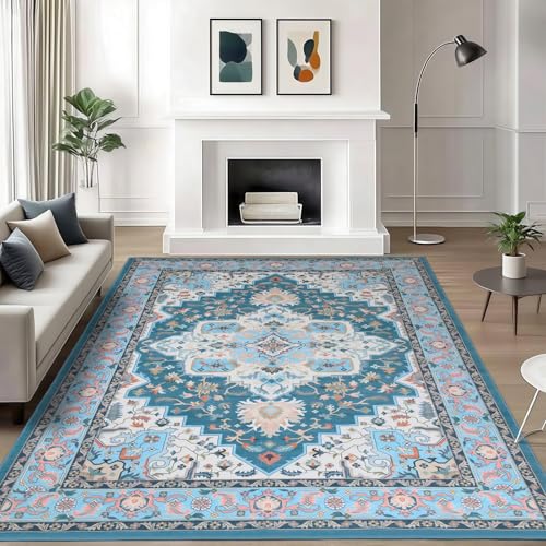 WILLSUN Washable Area Rugs, 6x9 Non-Slip Boho Large Area Rugs for Living Room, Bedroom, Machine Washable Vintage Rug, Indoor Floral Print Carpet for Home Decor, Kid & Pet Friendly Mat - color: Blue, size: 6' x 9' (Rectangular)