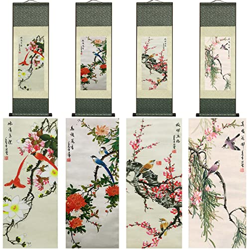 AtfArt Wall Art 4 Pack Asian Decor Birds & Flowers Silk Scroll Painting (36.2 x 12 in) - Chinese Art Wall Hanging, Fade-Resistant, Home Office - color: E05(Four Piece)