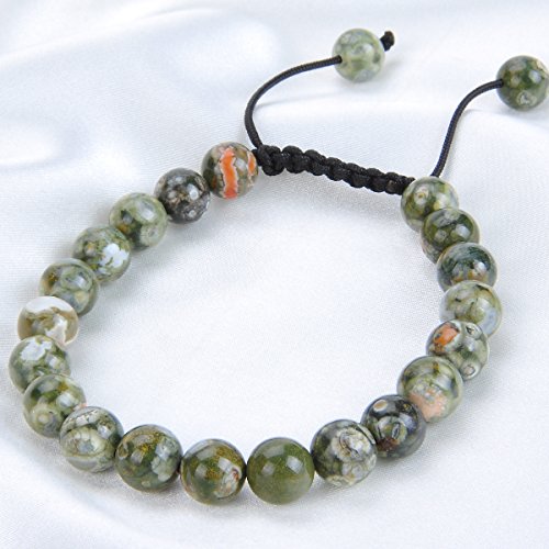 MASSIVE BEADS Natural Healing Power Gemstone Crystal Beads Unisex Adjustable Macrame Bracelets - color: Green Rainforest Jasper, size: 8mm