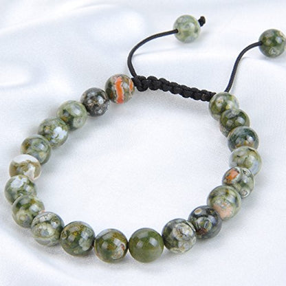 MASSIVE BEADS Natural Healing Power Gemstone Crystal Beads Unisex Adjustable Macrame Bracelets - color: Green Rainforest Jasper, size: 8mm